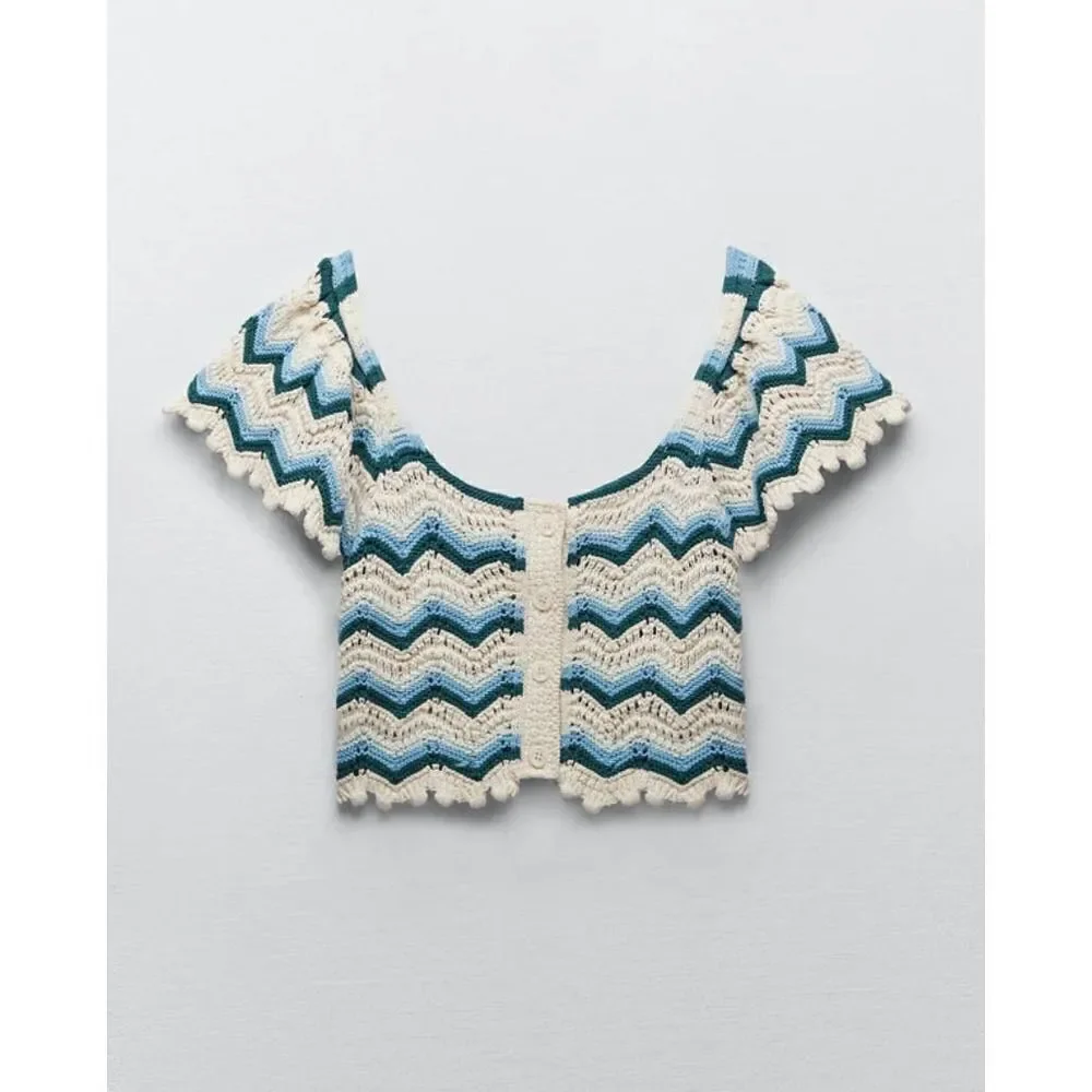 Zara knitted cotton top square neck blue ruffles